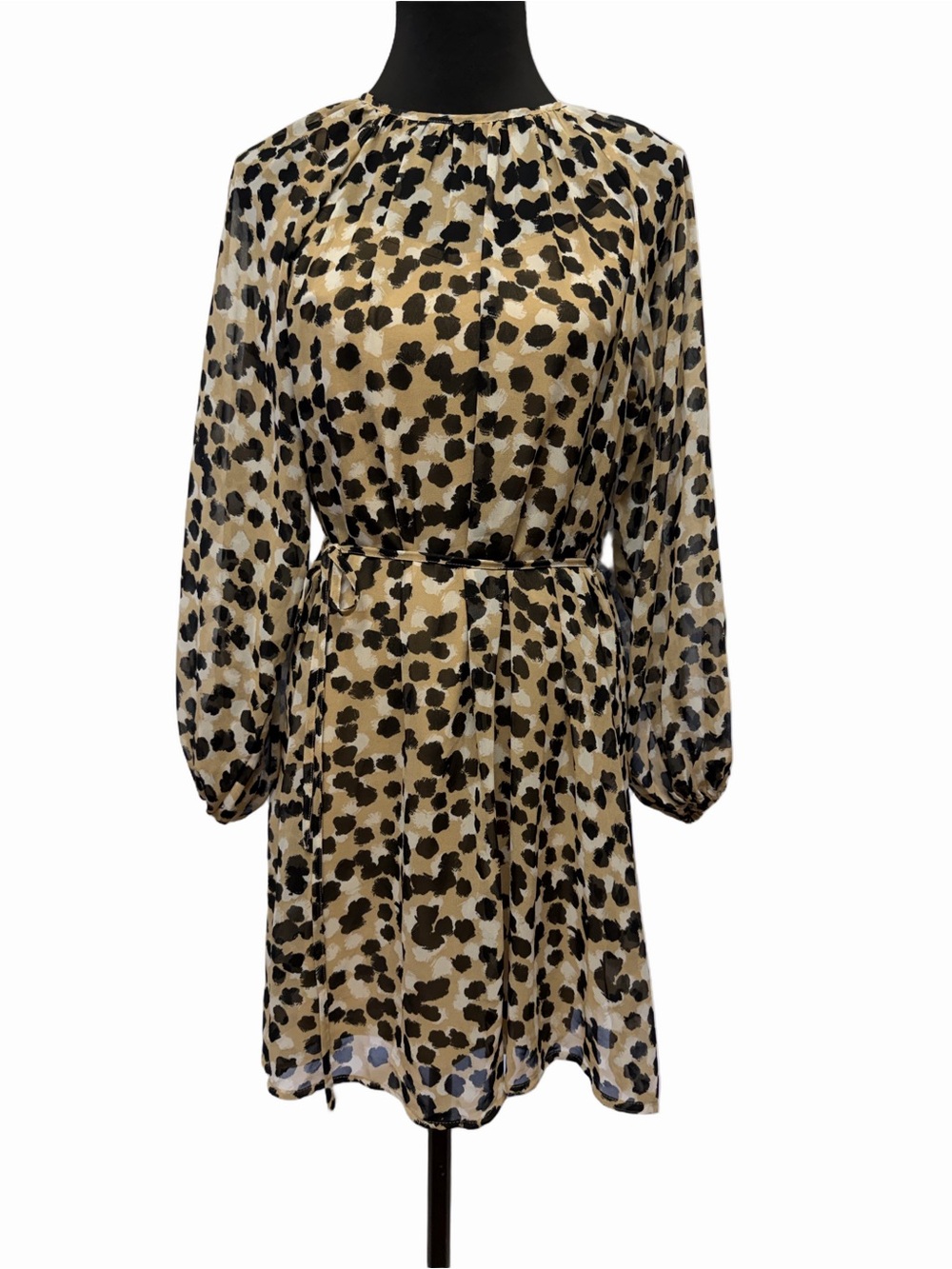 Time And Tru XS Tan Black Leopard Print Long Sleeve Tie Waist Dress